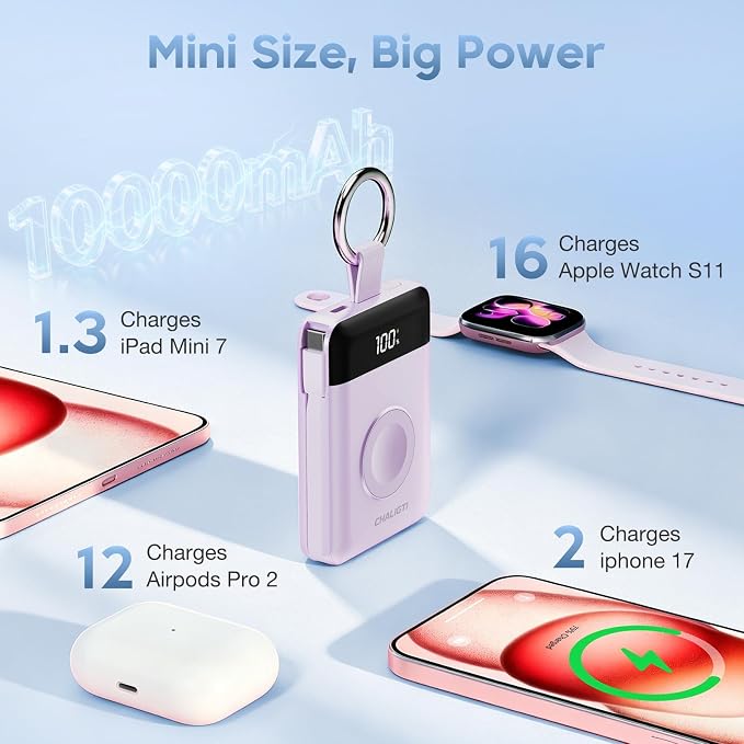10000mAh Portable Charger,22.5W Power Bank&iWatch Charger,Purple | LED Display,Built-in Cables,Super Fast Charging,Travel Keychain Battery Pack for iPhone 17/16/15/14/13/12,Apple Watch Series - Image 4