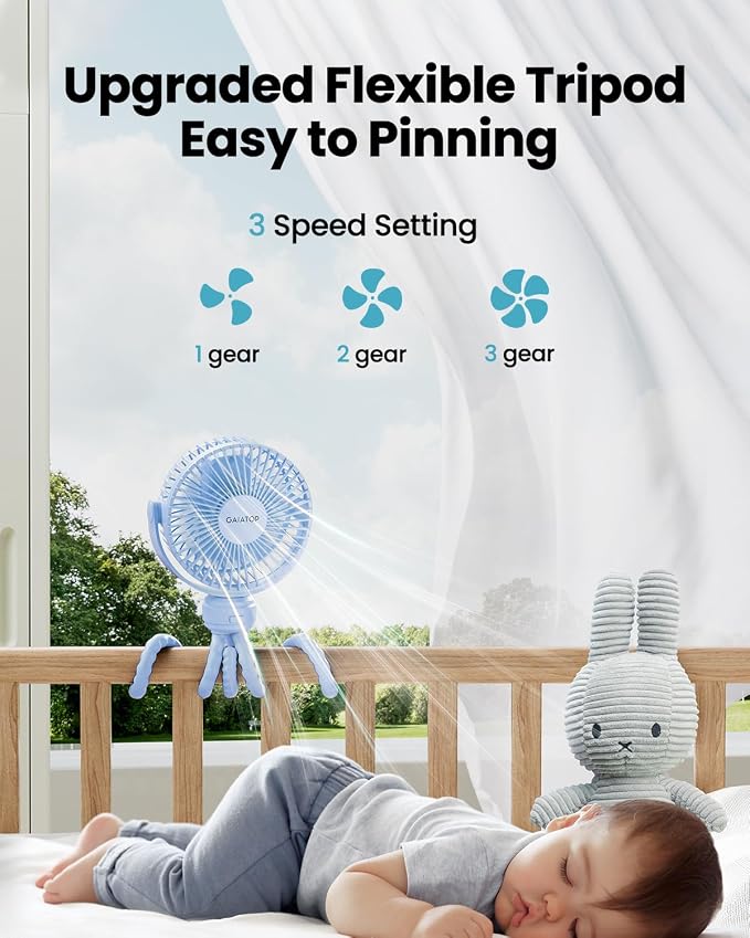 Gaiatop Mini Portable Stroller Fan, Small Clip on Fan 3 Speed Rechargeable | 360° Rotate Flexible Tripod, Battery Operated Detachable, Cooling for Car Seat Crib Treadmill Travel Blue - Image 3