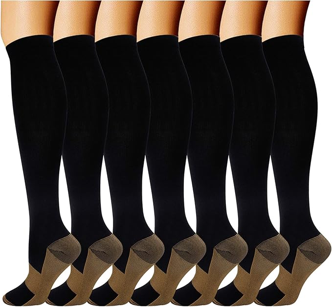 7 Pairs Copper Compression Socks for Men Women 20-30 mmHg Knee High Socks | S/M to XXL Fit, Copper Fiber, Graduated Compression, Circulation Support, Moisture Wicking, Tired Legs & Swelling Relief by DoubleCouple