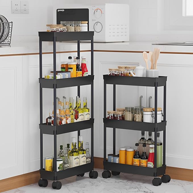 Sooyee 4 Tier Slim Storage Cart, Black | Rolling, Narrow Shelf, Mobile Shelving Unit Organizer, For Kitchen, Bathroom, Laundry Room - Image 6