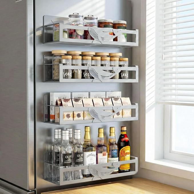Magnetic Spice Rack for Refrigerator, 4 Pack Metal Magnetic Shelf Organizer for Fridge Side, Strong Spice Storage Rack for Kitchen, Gray - Image 9