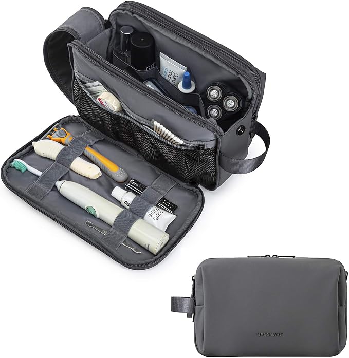 BAGSMART Toiletry Bag for Men, Travel Toiletry Organizer Dopp Kit Water-resistant Shaving Bag for Toiletries Accessories, Door Room Essentials,Grey-medium by BAGSMART