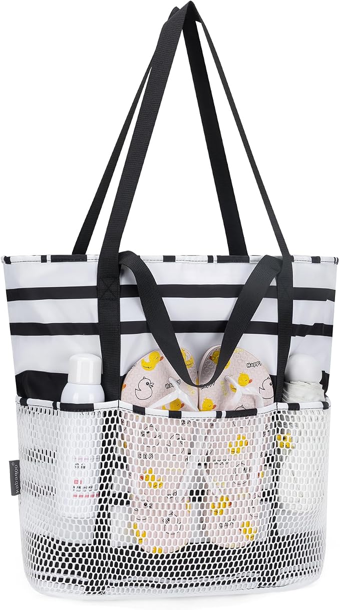 KABAQOO Large Beach Bag Waterproof Sandproof Tote Bag for Women with Zipper & Mesh Pockets for Pool Swim Travel Everyday | waterproof by KABAQOO
