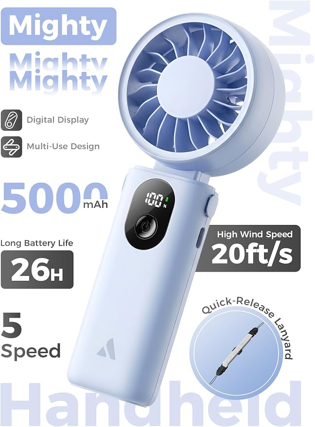 Aecooly Mighty Portable Handheld Fan | 26H Max Cooling | 3 Flexible Modes | 5 Speeds Wind | Battery Level Display | USB Rechargeable Mini Personal Battery Powered, Gifts for Women, Travel -Blue - Image 2