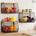 Hanging Fruit Basket for Kitchen, 3 Pack Vegetable Produce Basket | Wood Lid, Wall Mounted & Countertop Wire Storage Basket for Potato Onion Fruits Vegetables, Pantry Organizers Storage by GGIU