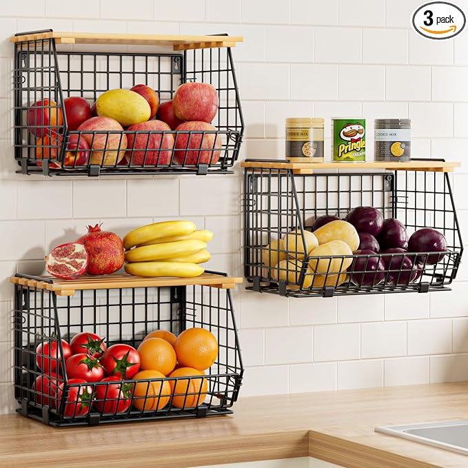 Hanging Fruit Basket for Kitchen, 3 Pack Vegetable Produce Basket | Wood Lid, Wall Mounted & Countertop Wire Storage Basket for Potato Onion Fruits Vegetables, Pantry Organizers Storage by GGIU