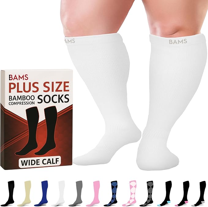 BAMS Plus Size Compression Socks Wide Calf XL XXL XXXL – Graduated Knee-High Support, Viscose from Bamboo Easy-On/Easy-Off by BAMS