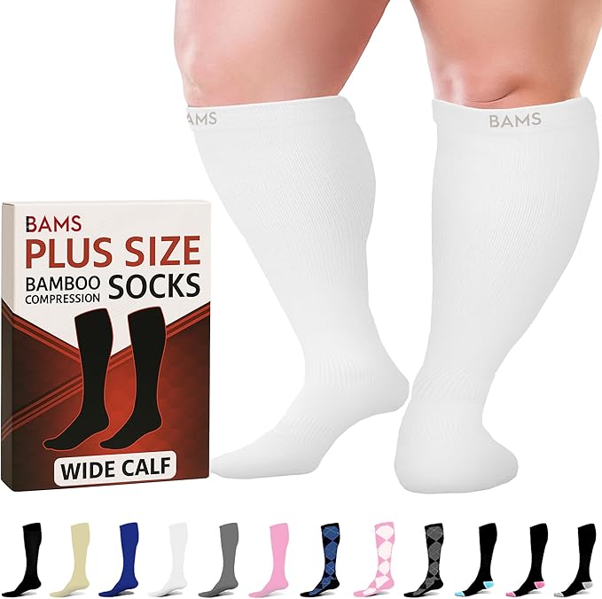 BAMS Plus Size Compression Socks Wide Calf XL XXL XXXL – Graduated Knee-High Support, Viscose from Bamboo Easy-On/Easy-Off by BAMS