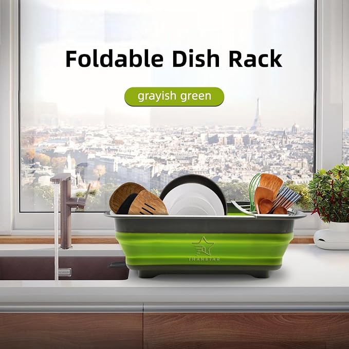 THANSTAR Collapsible Dish Drying Rack for RV Campers Portable Dinnerware Drainer Organizer for Kitchen Travel Trailer-Green - Image 2