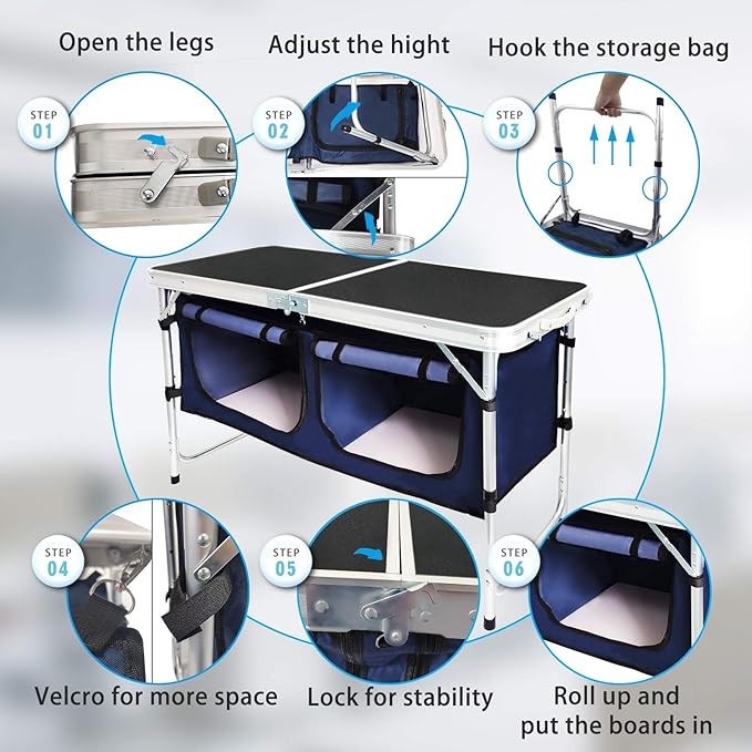 CampLand Outdoor Folding Table Aluminum Lightweight Height Adjustable with Storage Organizer for BBQ, Party, Camping - Image 4