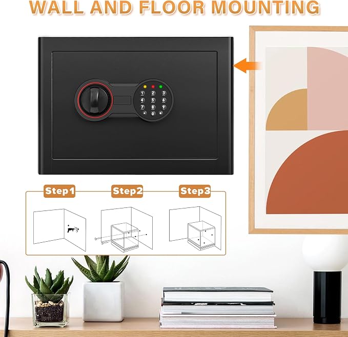 Small Safe for Home, Mini Safe Box for College Dorm Room | 9.8''Dx13.8''Wx9.8''H, Alarm System, LED Light, Wall/Floor Mountable Hidden Safes for Cash, Jewelry, Medicine - Image 6