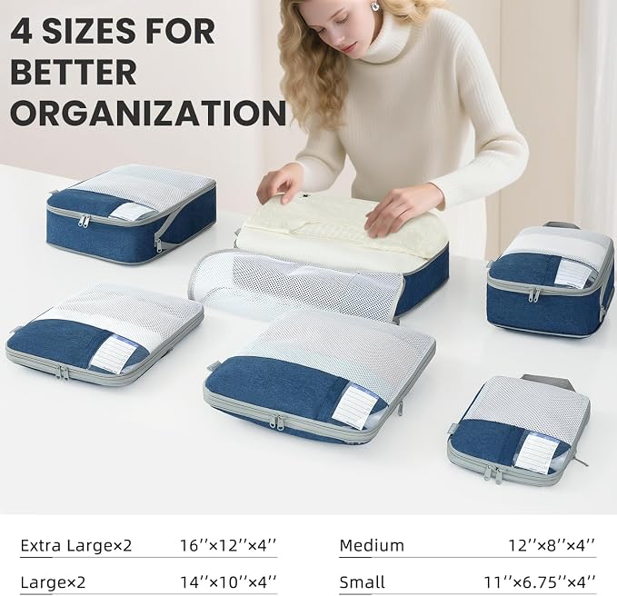 Compression Packing Cubes for Travel, Lightweight Vacation Travel Essentials, Travel Accessories for Suitcase Organizer Bags Set, Durable Luggage Organizer - Image 6