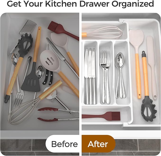 ukeetap Extra Large Expandable Silverware Organizer, Flatware Tray,White | BPA-Free Food-Safe Kitchen Utensil Cutlery Drawer Organizer, Adjustable Silverware Holder for Spoons Forks Knives - Image 6