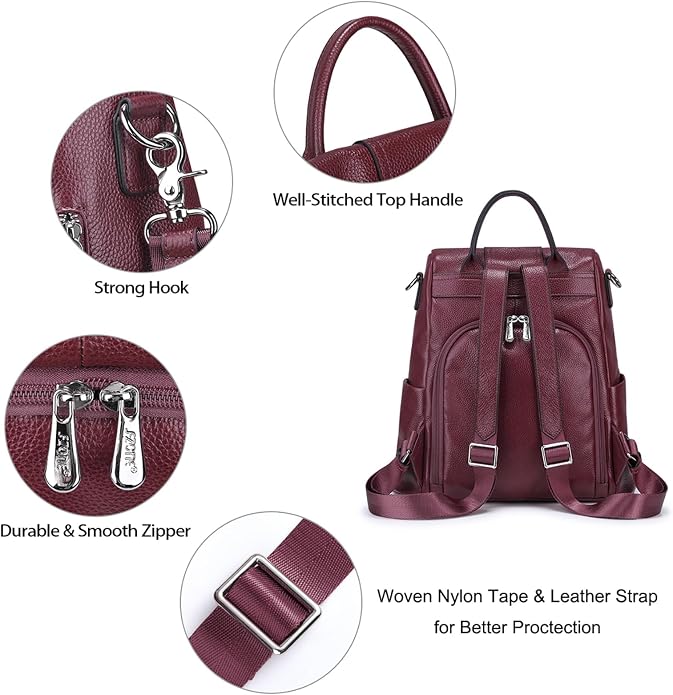 S-ZONE Leather Backpack Purses for Women Antitheft Rucksack Shoulder Bag Medium | Genuine Leather, Medium Fits 9.7-inch Tablet, for Work Travel Daily Commute, Multi Pockets, Adjustable Dual Straps - Image 5