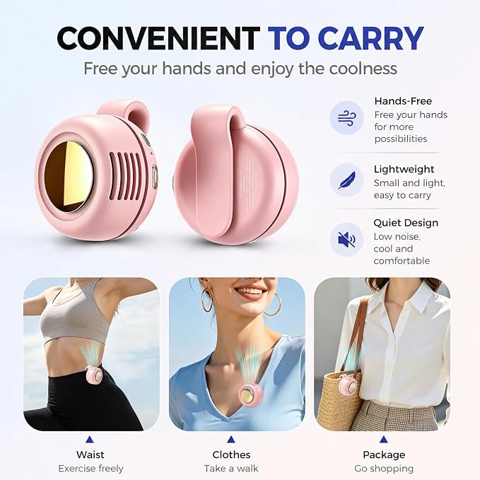 Portable Clip-on Fan Silent Bladeless Mini Fan | 360°Rotation 3-speed Modes Whirlwind Waist Clips Fans Hands-Free Cooling Fan Outdoor Trip Work Travel Pink - Image 5