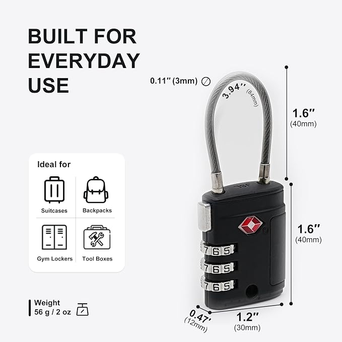 TSA Locks for Luggage, Small Padlock Combination, Luggage Locks TSA Approved, Combo Padlocks with Cable for Suitcase, Gym Locker, Backpack, Gun Case, Bag Zipper, Tool Box (Black+Black) - Image 5