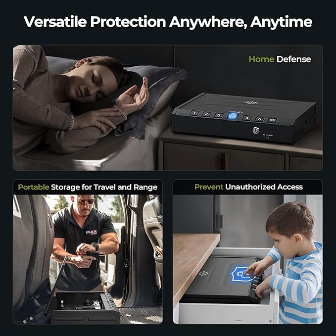 ONNAIS Large Biometric Gun Safe for Handgun with Fingerprint Keypad Lock | Emergency Power Supply Gun Case Internal Light Gun Lock Box for Home, Nightstand, Bedside, and Car Use - Image 6
