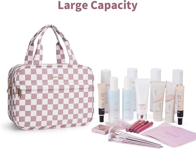 Narwey Hanging Toiletry Bag for Women Checkered Travel Makeup Bag Organizer Cosmetic Make up Toiletries Bag for Travel Essentials Accessories (Dusty Pink Checkerboard, Medium) - Image 6
