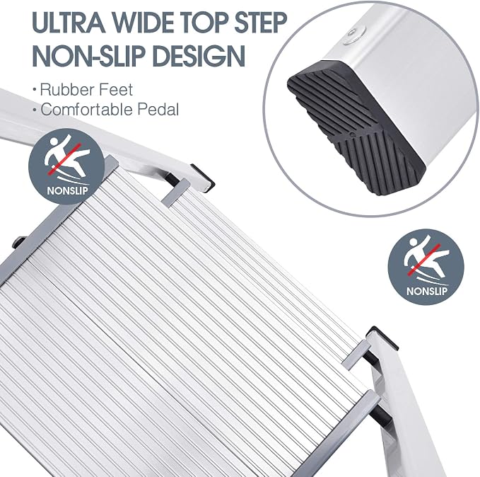 KINGRACK Aluminium 2 Step Ladder, Lightweight Step Stool with Non-Slip Pedals, Handrail, 330LBS Foldable Step Ladder for Kitchen, Garage, Home, Space Saving, Sturdy and Portable, Silver - Image 4