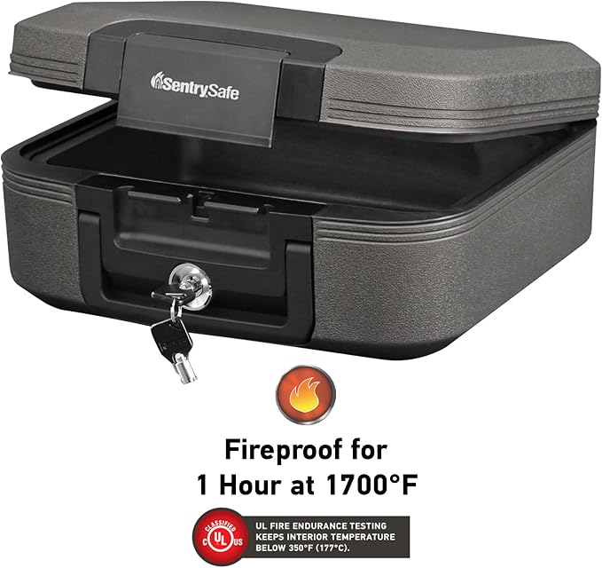 SentrySafe Dark Gray Fireproof and Waterproof Safe with Key Lock, Chest Lock Box with Carrying Handle for Travel, 0.28 Cubic Feet, 6.6 x 15.4 x 14.3 Inches, CFW20201 | Portable Fire Water Resistant Chest Safe With Key Lock Security, Carrying Handle, Id... - Image 2