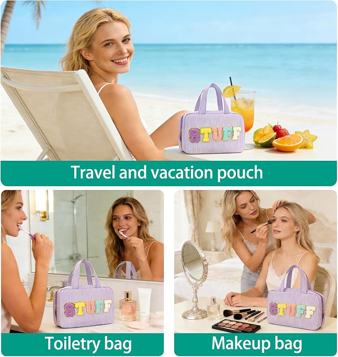 Hanging Toiletry Bag for Women Chenille Letter Travel Cosmetic Bag Fashion Stripes Water-resistant Makeup Bag for Store Toiletries Cosmetic Accessories Medium Purple - Image 6