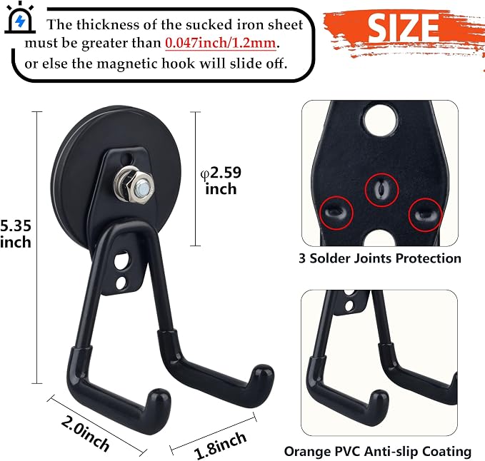 ULIBERMAGNET Heavy Duty Magnetic Garage Hooks,3 Pack Strong Large Magnet Hooks for Power Drill,Garden Tools,Hose,Pegboard,Garage, Workshop,Magnetic Storage Hook for Indoor Outdoor Hanging(Black) - Image 3