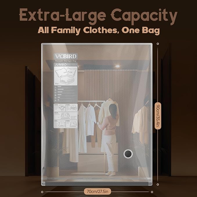 Vacbird Jumbo Vacuum Storage Bags for Bedding, Blanket Storage Space Saver | Jumbo Capacity for Bulky Bedding, Transparent Design, Electric Pump Replaces Vacuum Cleaner for Fast Easy Compression - Image 3