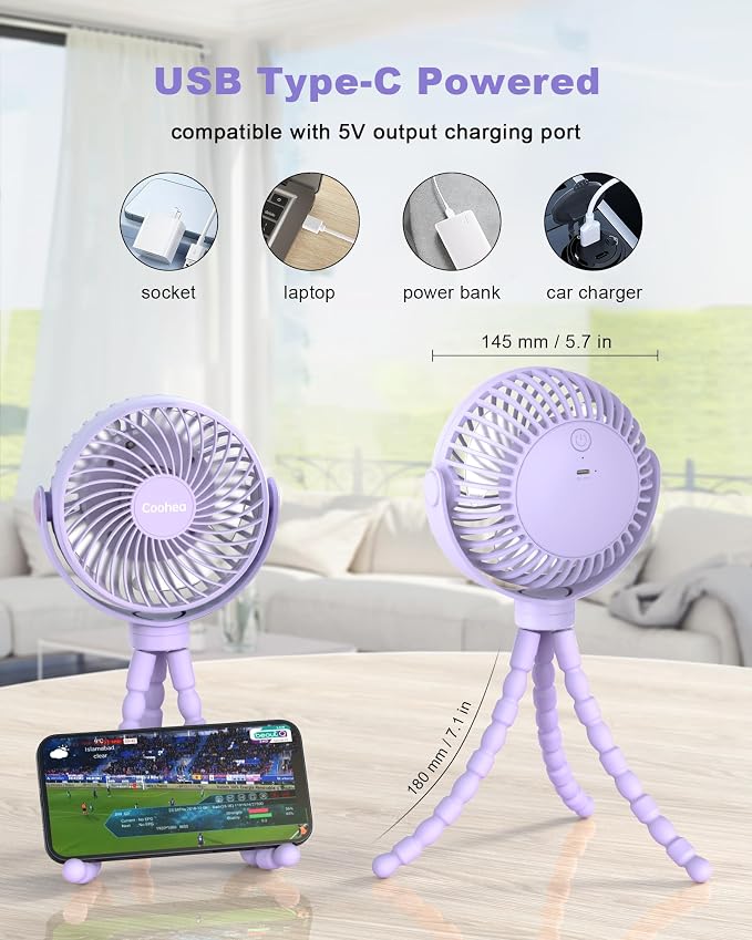 Coohea Clip on Stroller Fan, Rechargeable Long-Lasting Power Wind Fan | 4000mAh Battery Operated, 360° Rotatable Flexible Tripod, 3 Adjustable Speed, Portable Fan for Car Crib Backseat Beach Travel - Image 6