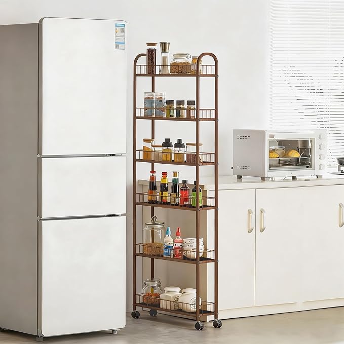 6in 6-Tier Slim Storage Cart with Wheels, Metal Narrow Rolling Shelf, Sturdy Slim Storage with Hooks Ideal for Kitchen, Bathroom, and Laundry Room (Champagne Gold) - Image 5