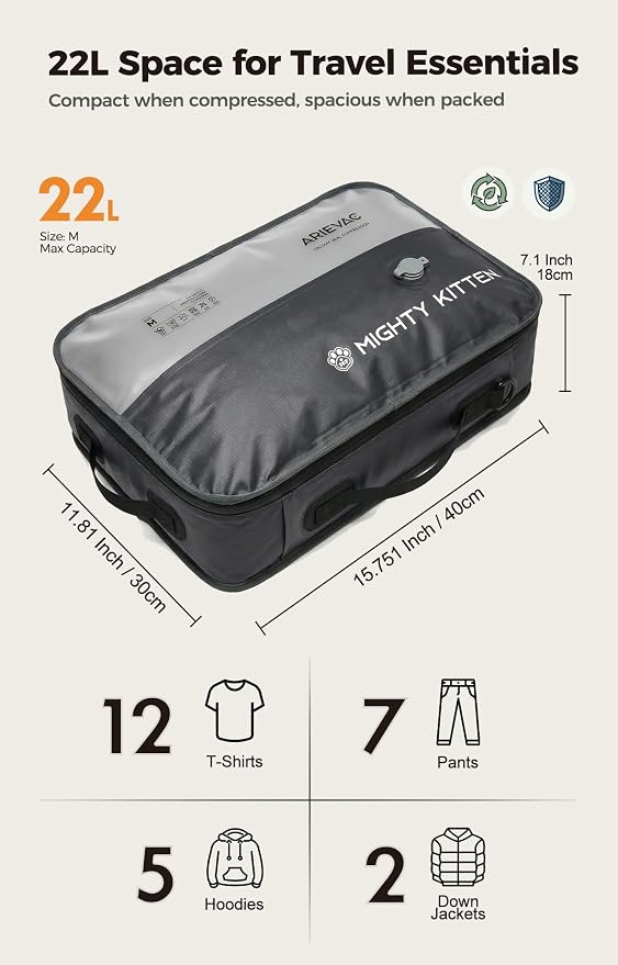 IKYWT Travel Vacuum Seal Bag with Pump, 21L Compression Packing Cube Kit with 270° Zipper, Reusable Waterproof Vacuum Storage for Carry-On & Small Checked Luggage (2-Pack) - Image 4