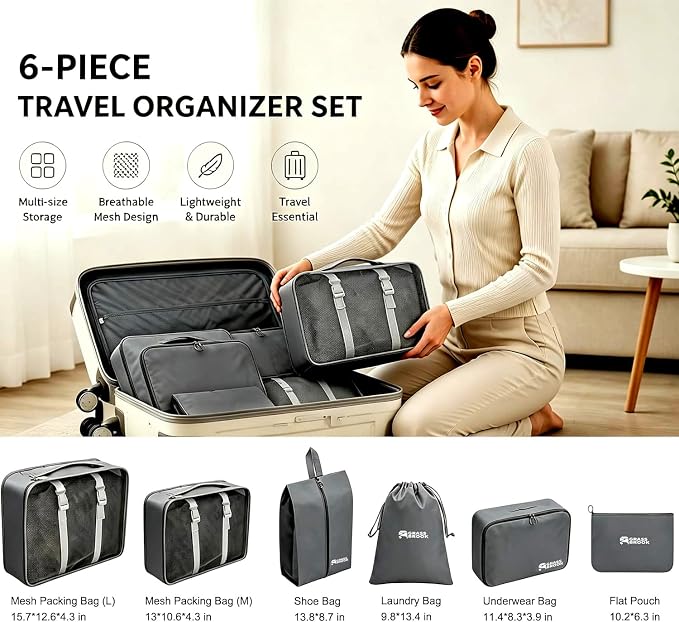 6 Set Packing Cubes, Luggage Packing Organizers for Travel Accessories, Carry on Suitcase Organizer Bags, Travel Essentials Luggage Accessories for Cruise Ship (Gray) - Image 4