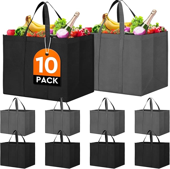 Reusable Grocery Shopping Bags 10 Pack Large Foldable Tote Bags Bulk | Eco Produce Bags with Long Handle for Shopping Groceries Clothes (Dark Grey & Black) by WiseLife