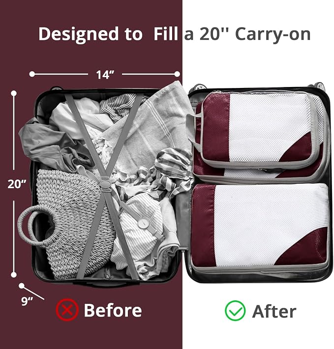 9 Set Compression Packing Cubes for Travel - Compressible, Lightweight, and Space-Saving Packing Cubes, Travel Essentials for Women, Wine - Image 7