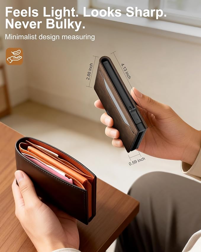 Wallet for Men: Pop Up Card Case, RFID Blocking, Slim, Minimalist, Genuine Leather, Front Pocket, Smart, Thin, Compact, Magnetic Flap Closure - 2 ID Windows, Up to 12 Cards & 15 Bills (Brown) - Image 5