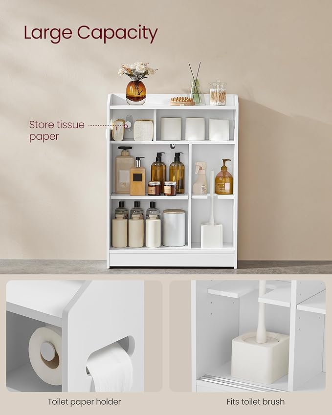 VASAGLE Slim Bathroom Storage Cabinet, Sliding Doors, Cloud White | Adjustable Shelves，Toilet Paper Holder, Brush Compartment, 23.6 x 7.9 x 31.5 Inches, SIREN Collection UBBC752W01 - Image 4