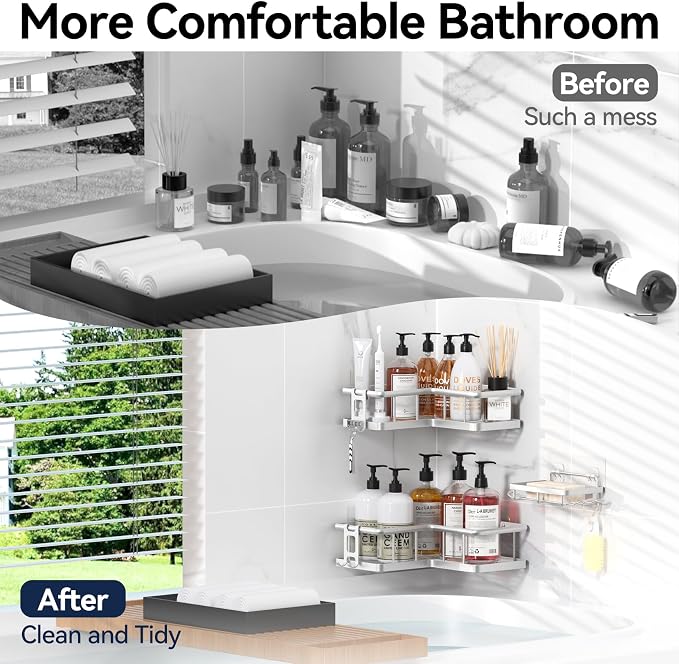 Corner Shower Caddy Organizer, Self-Adhesive Rustproof Bath Shelves with Soap Holder & 4 Hooks, Large Capacity Shower Storage Rack for Bathroom Organization, (3Pack, Silver) - Image 8