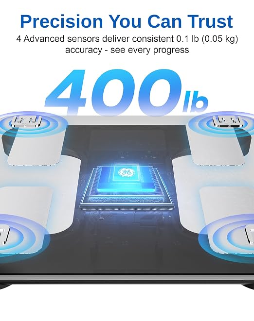 GE Smart Scale for Body Weight BMI Body Fat, Digital Bluetooth Scale 400lb | 13 Body Composition Monitor Health Analyzer for Home Gym, Accurate Bathroom Scale, App Sync Weighing Capacity Black 11inch - Image 4