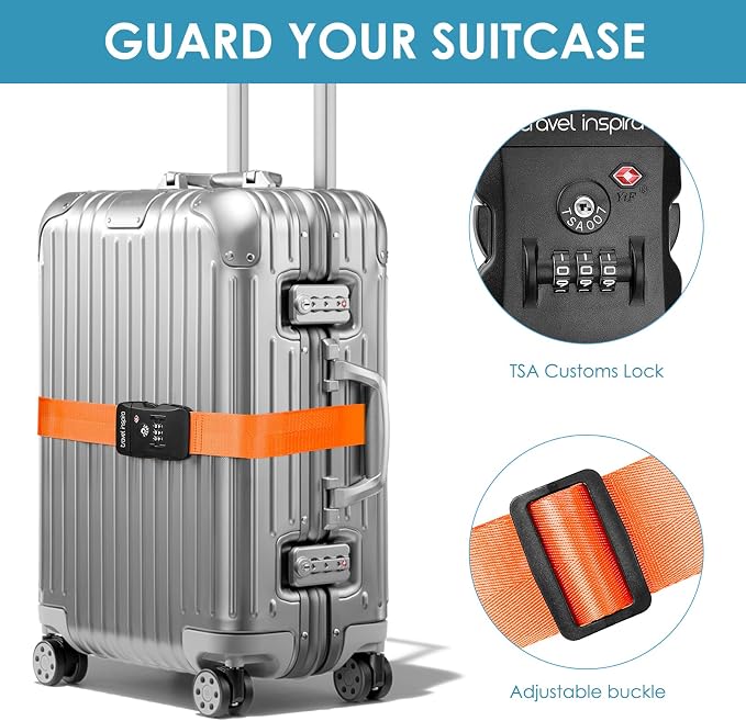 Travel Inspira Heavy Duty Luggage Straps with TSA Lock | Anti-Burst Protection; High Visibility Orange; TSA-Lock Belt with Tag; Adjustable 103-200cm; 20-28 Inch Bags; Anti-Burst - Image 2