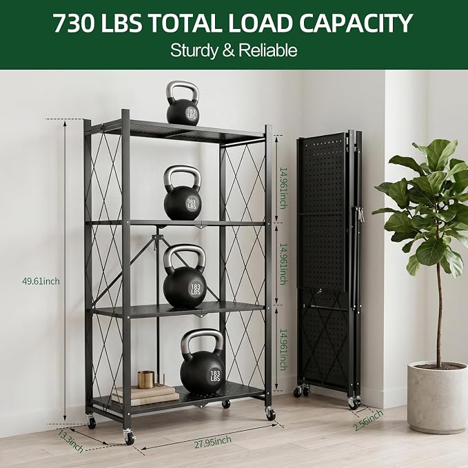4-Tier Foldable Storage Shelf with Wheels – Heavy Duty 550 LBS Capacity, Collapsible Metal Steel Rolling Rack for Garage, Kitchen, Pantry, Office – Black - Image 2
