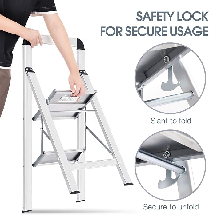 KINGRACK Aluminium 2 Step Ladder, Lightweight Step Stool with Non-Slip Pedals, Handrail, 330LBS Foldable Step Ladder for Kitchen, Garage, Home, Space Saving, Sturdy and Portable, Silver - Image 6