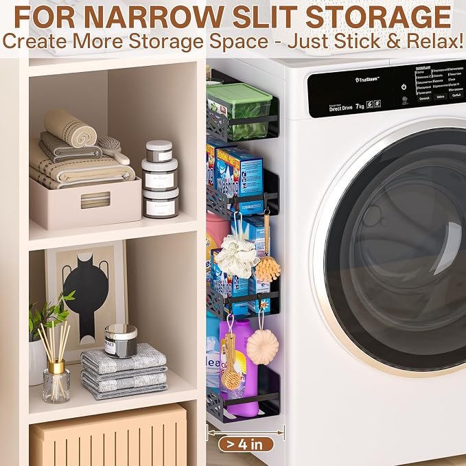Magnetic Washing Machine Side Storage Rack Shelves 4-Pack, Heavy Duty Metal Narrow Shelf with Hooks, Slim Laundry Room Organizer for Washer Dryer Gap, Space Saving Magnetic Storage for Laundry Kitchen - Image 6