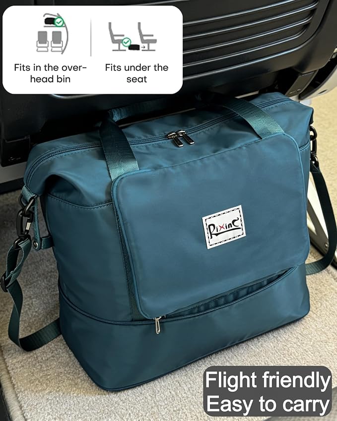 Foldable Travel Duffel Bag for Women, Peacock Blue | 40L Expandable Water-Resistant Carry on Bag, Personal Item Travel Bag Flight Approved with Wet Pocket for Gym Travel, Nylon - Image 4
