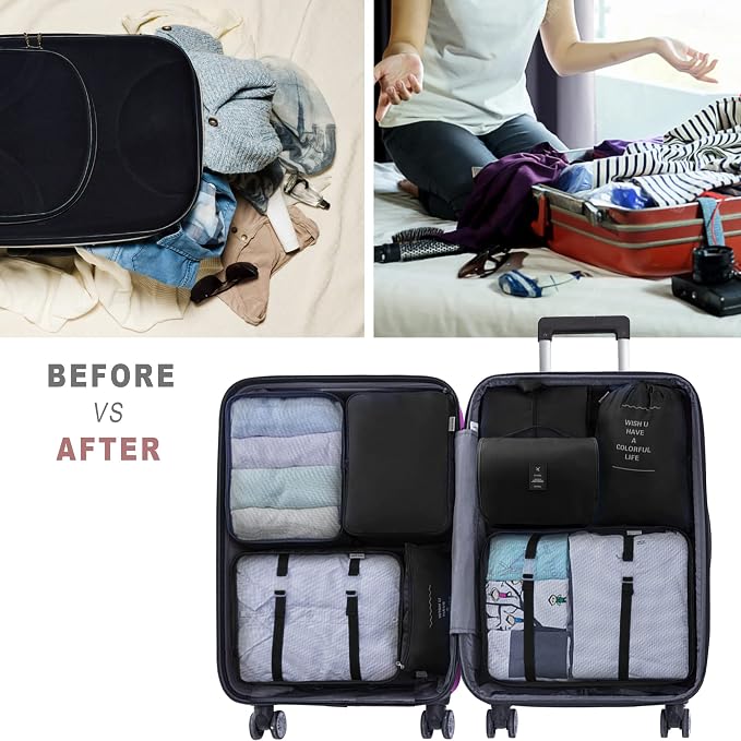 Packing Cubes, 8 Pcs Travel Packing Organizers for Suitcases, Large Capacity Travel Luggage Organizers Set includes 8 Storage Bags, Travel Essentials for Women or Men (Black) - Image 5