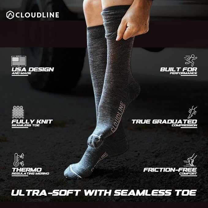 CloudLine - Merino Wool Graduated Compression Socks for Men and Women - Ultralight, Moisture Wicking, Made in USA - 1 Pair - Image 3