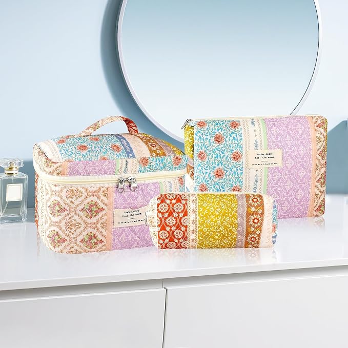 URSKYTOUS 3Pc Cotton Quilted Makeup Bags for Women Large Small Coquette Floral Travel Cosmetic Bag Set Aesthetic Cute Flower Makeup Pouch Portable Toiletry Bag Puffy Essential Storage Organizer Bag - Image 5