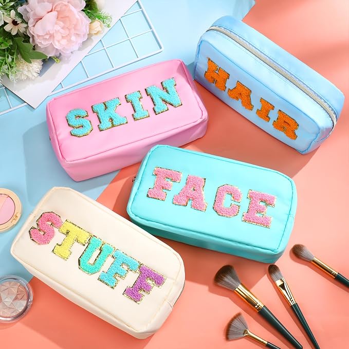 Preppy Makeup Bags Chenille Letter Stuff Bag Nylon Cosmetic Pouch Cases with Zipper for Women Travel Toiletry(Light Color,Vivid,4 Pcs) - Image 2