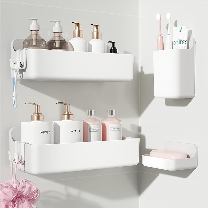Nieifi Adhesive Shower Shelves, White, 4 Pieces | Rustproof ABS, Large Capacity, Removable Design, Easy-Clean, No Drilling Shower Organizer for Bathroom Storage & Home Decor by Nieifi