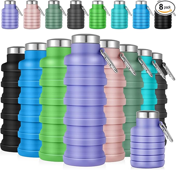 Lallisa 8 Pcs Collapsible Water Bottles Bulk, 17 oz Portable Reusable Silicone Water Bottle, Foldable Bottles for Travel Gym Camping Hiking, Leak Proof Sports Bottle with Carabiner(Fresh Colors) by Lallisa
