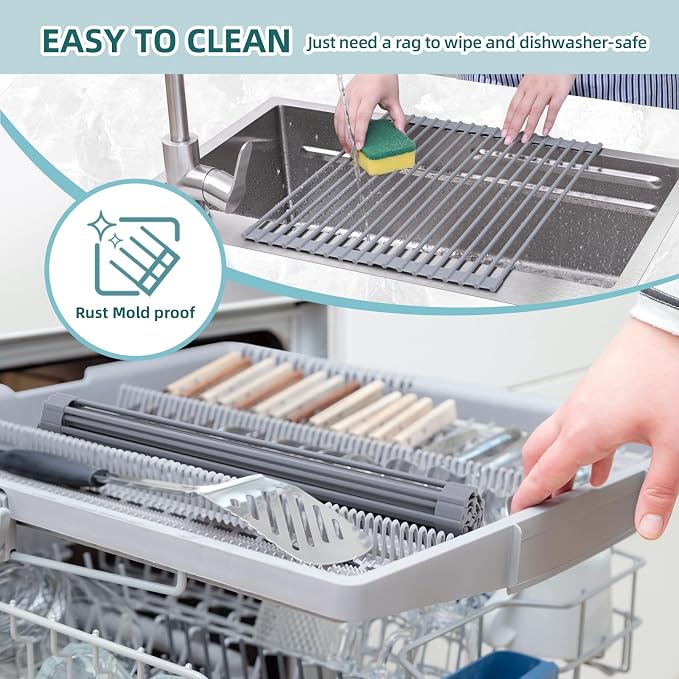 Ohuhu Roll Up Dish Drying Rack, Over The Sink Multipurpose Roll-Up Dish Racks, 16.5" W x 13" L Rolling Heat-Resistant Anti-Slip Silicone Coated Dish Drainer Portable Foldable for Kitchen Counter - Image 7