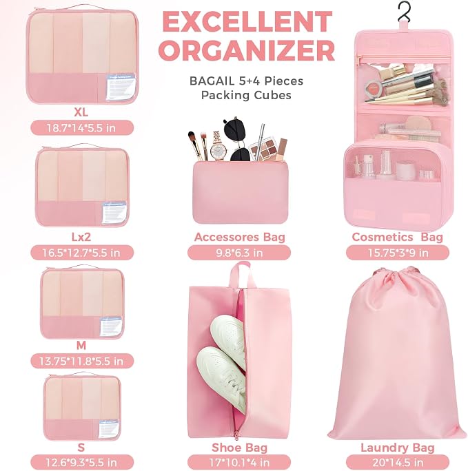 BAGAIL 9 Set Packing Cubes with Packing List Luggage Packing Organizers for Travel Accessories (Pink) - Image 5